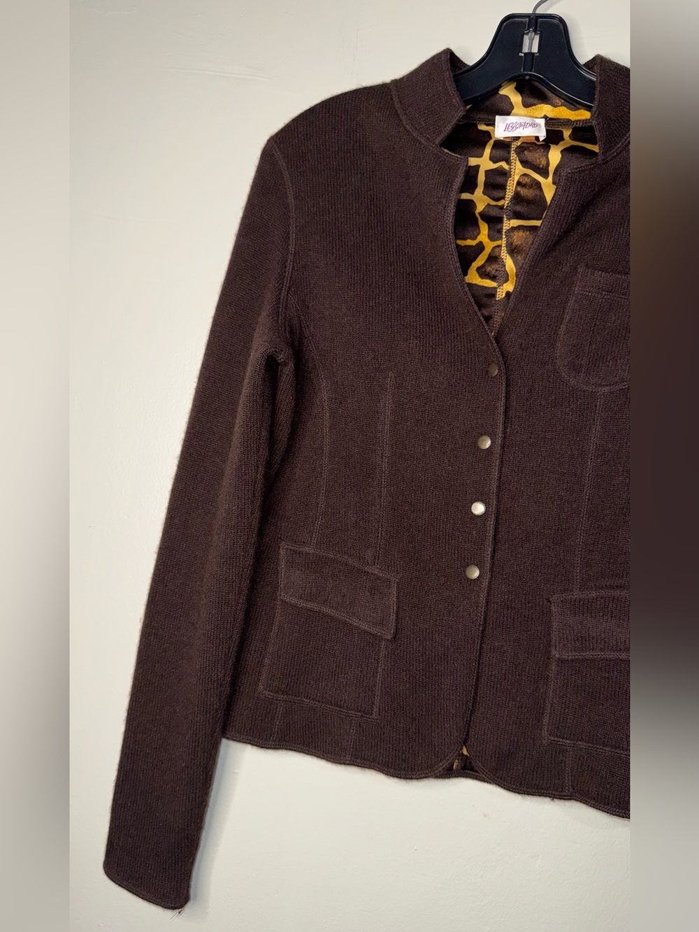 Leggiadro Dark Brown Snap-Front Knit Blazer with Patterned Lining - Picture 10 of 13